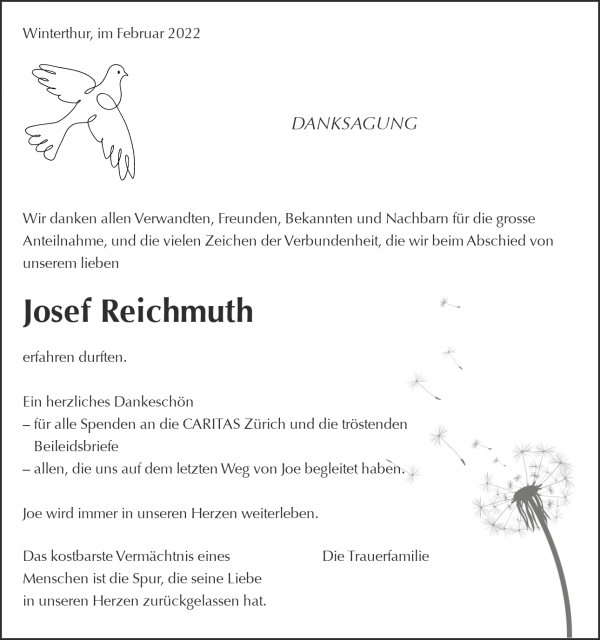 Danksagung von Josef Reichmuth, Winterthur