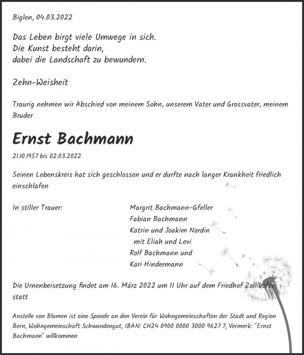Todesanzeige von Ernst Bachmann, Sch&uuml;pfen