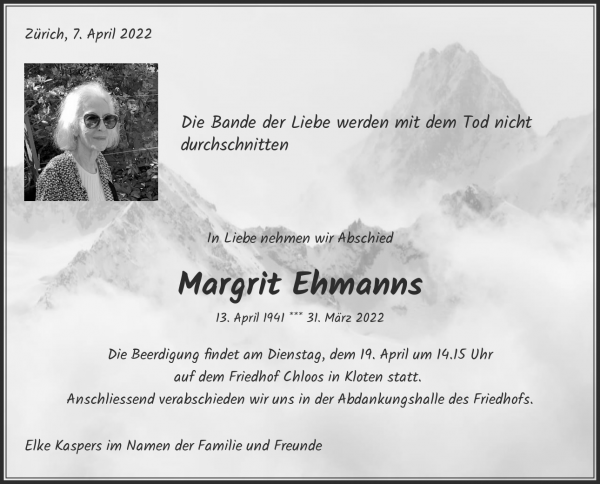 Todesanzeige von Margrit Ehmanns, Z&uuml;rich