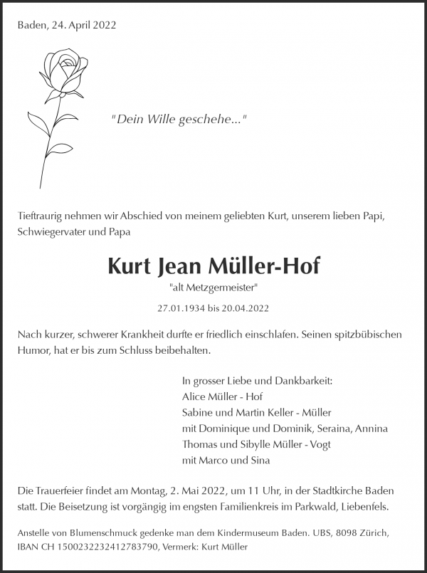 Todesanzeige von Kurt Jean M&uuml;ller-Hof, Baden