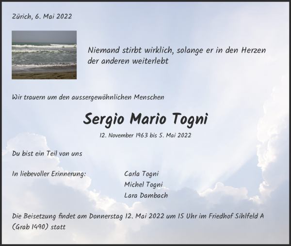 Todesanzeige von Sergio Mario Togni, Z&uuml;rich
