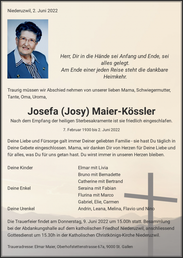 Todesanzeige von Josefa (Josy) Maier-K&ouml;ssler, Niederuzwil