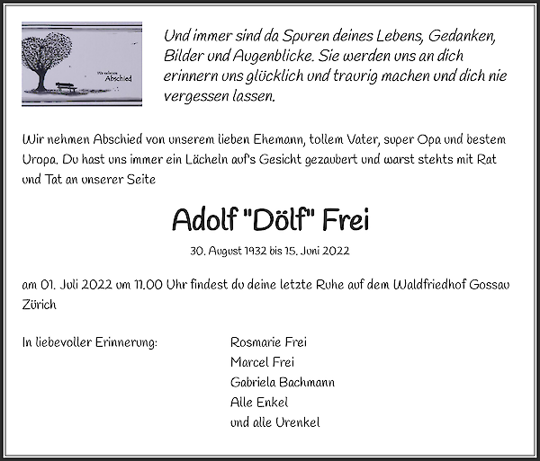 Todesanzeige von Adolf "D&ouml;lf" Frei, Gr&uuml;t