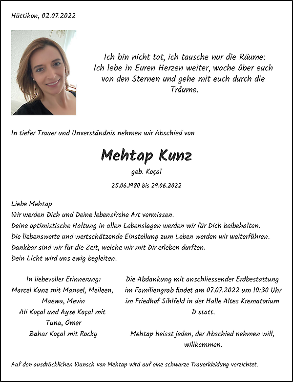 Todesanzeige von Mehtap Kunz, H&uuml;ttikon