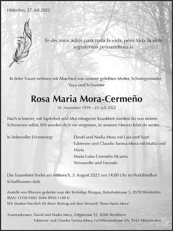 Todesanzeige von Rosa Maria Mora-Cerme&ntilde;o, H&uuml;ttwilen