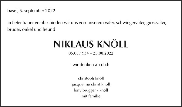 Todesanzeige von NIKLAUS KN&Ouml;LL, basel