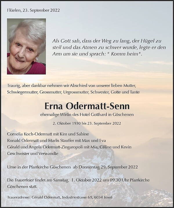 Todesanzeige von Erna Odermatt-Senn, Fl&uuml;elen