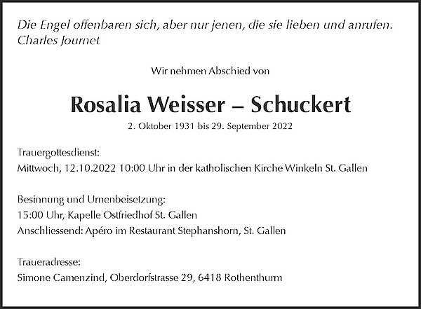 Todesanzeige von Rosalia Weisser &ndash; Schuckert, St. Gallen