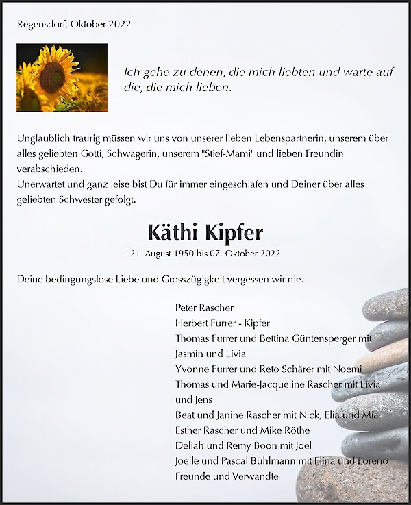 Todesanzeige von K&auml;thi Kipfer, Regensdorf