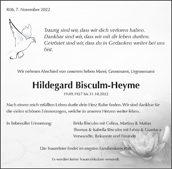 Todesanzeige von Hildegard Bisculm-Heyme, R&uuml;ti ZH
