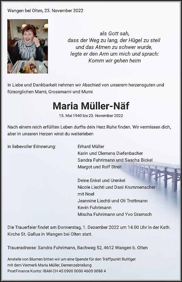 Todesanzeige von Maria M&uuml;ller-N&auml;f, Wangen bei Olten