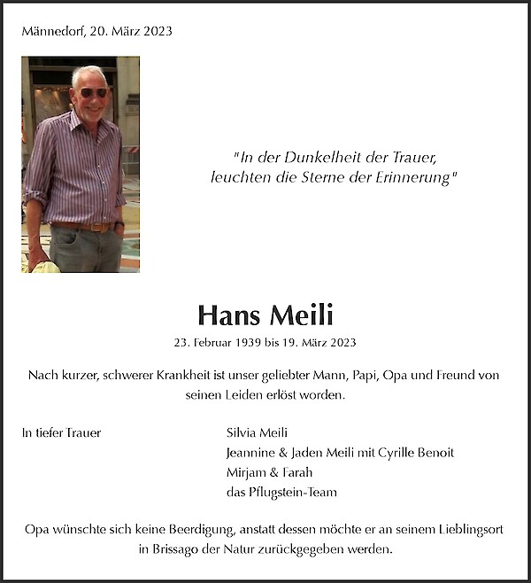 Todesanzeige von Hans Meili, M&auml;nnedorf