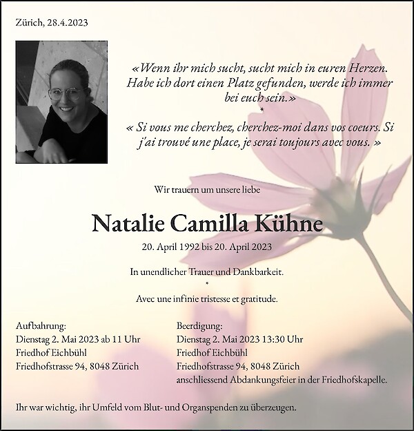 Todesanzeige von Natalie Camilla K&uuml;hne, Z&uuml;rich