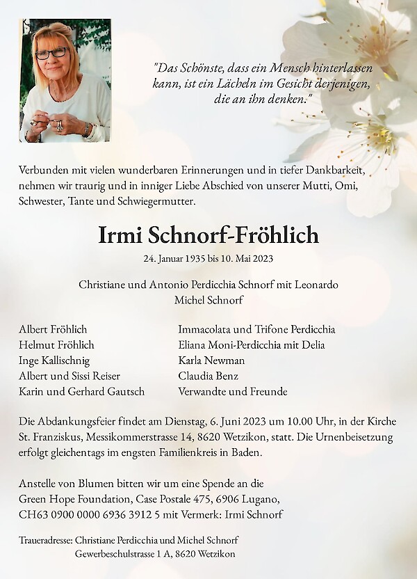 Todesanzeige von Irmi Schnorf-Fr&ouml;hlich, Wetzikon