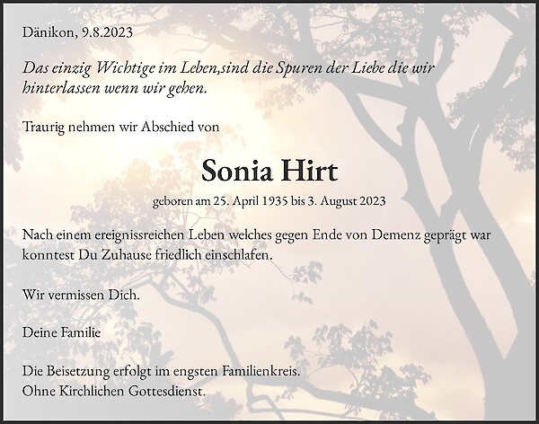 Todesanzeige von Sonia Hirt, D&auml;nikon