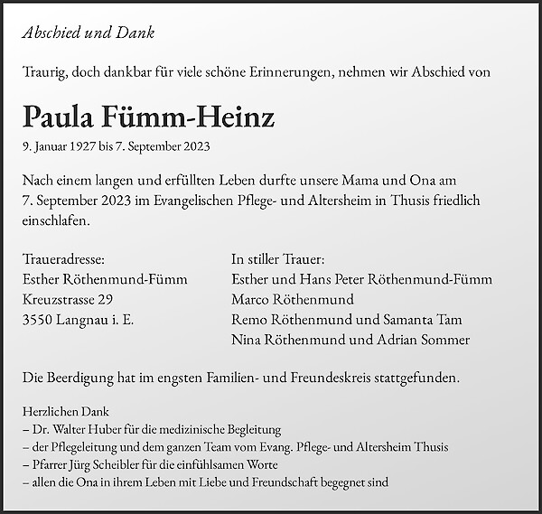 Todesanzeige von Paula F&uuml;mm-Heinz