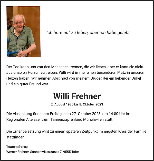 Todesanzeige von Willi Frehner, M&uuml;nchwilen