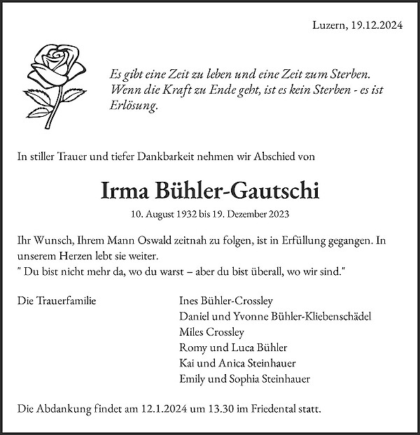 Todesanzeige von Irma B&uuml;hler-Gautschi