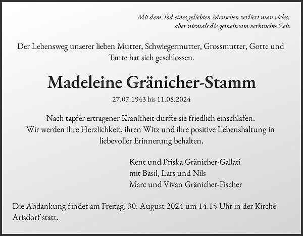 Todesanzeige von Madeleine Gr&auml;nicher-Stamm