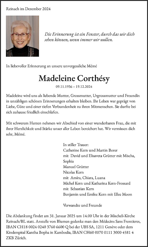 Todesanzeige von Madeleine Corth&eacute;sy