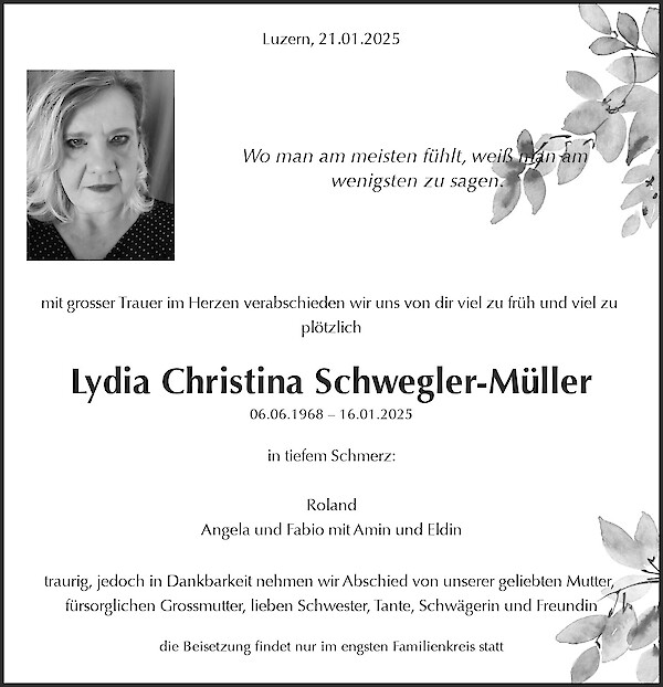 Todesanzeige von Lydia Christina Schwegler-M&uuml;ller